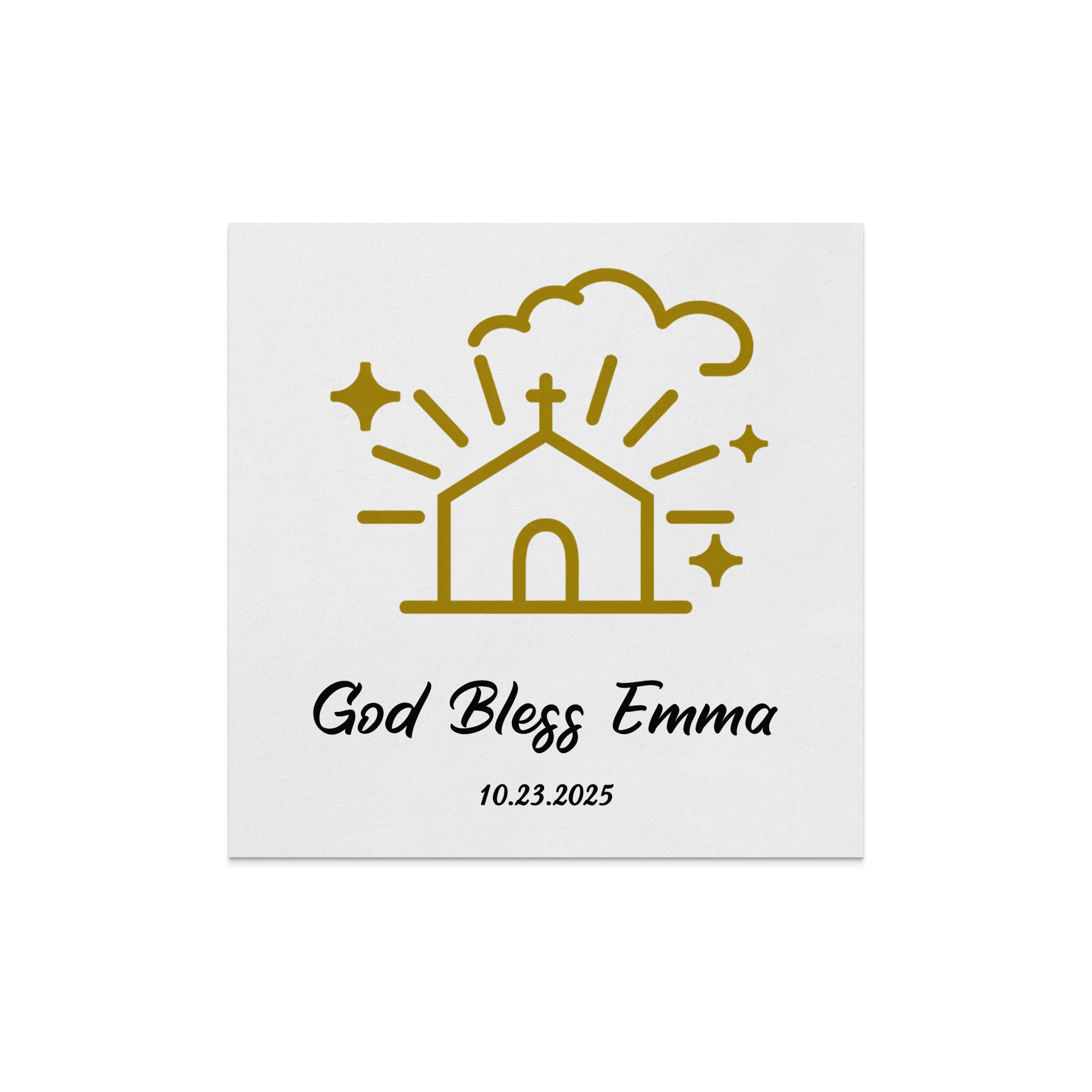 Gold line art church with "God Bless Emma" and date "10.23.2025".