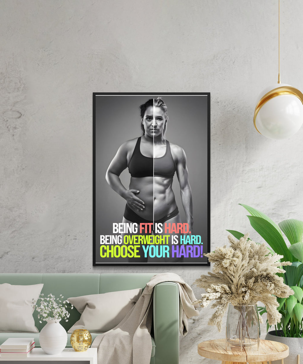 Split image showing a before and after fitness transformation with motivational text.