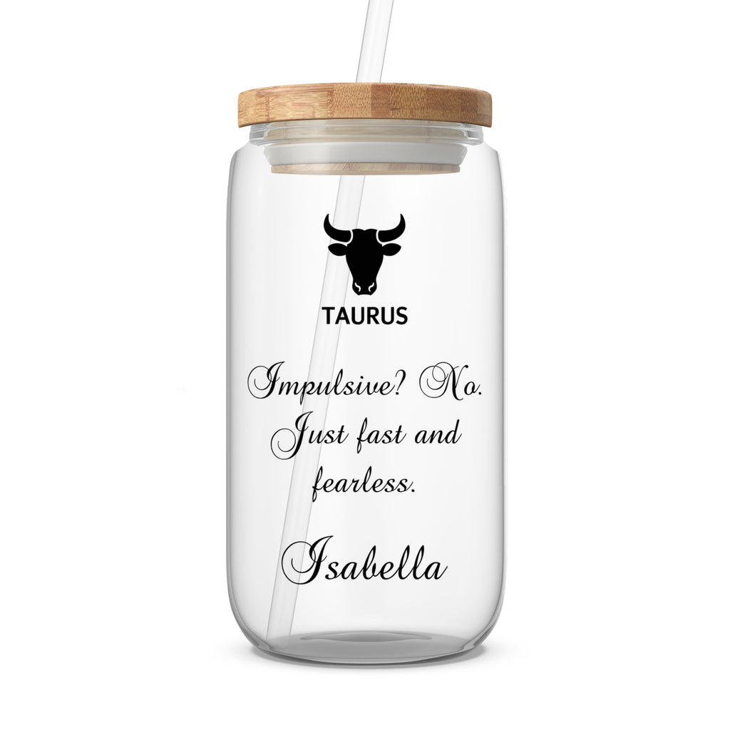 Clear glass tumbler with Taurus symbol and personalized text "Isabella".