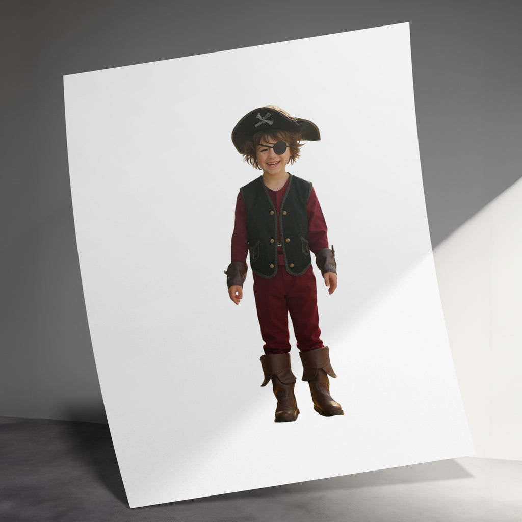 Child in pirate costume with eye patch, vest, and boots.