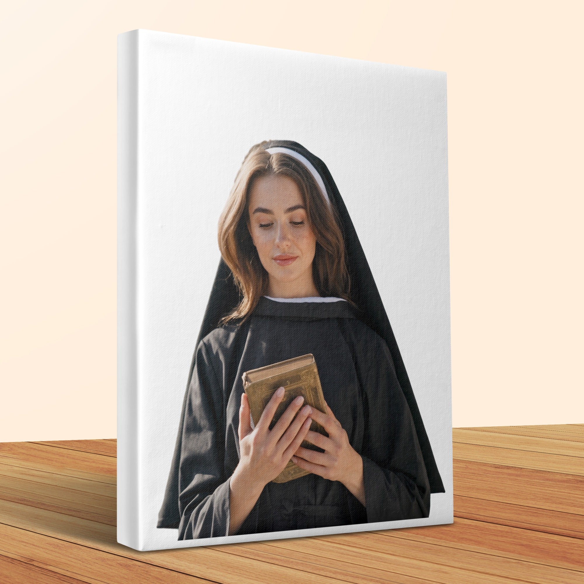 Woman in nun's habit holding an old, open book.