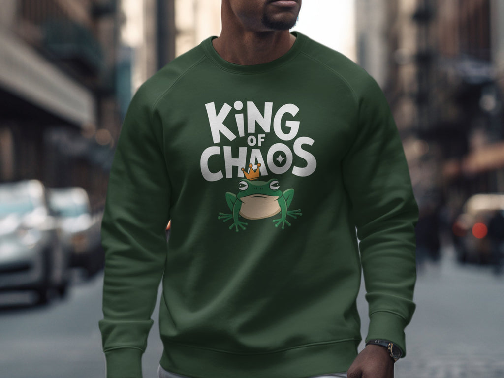 Green sweatshirt with "King of Chaos" text and a frog wearing a crown.