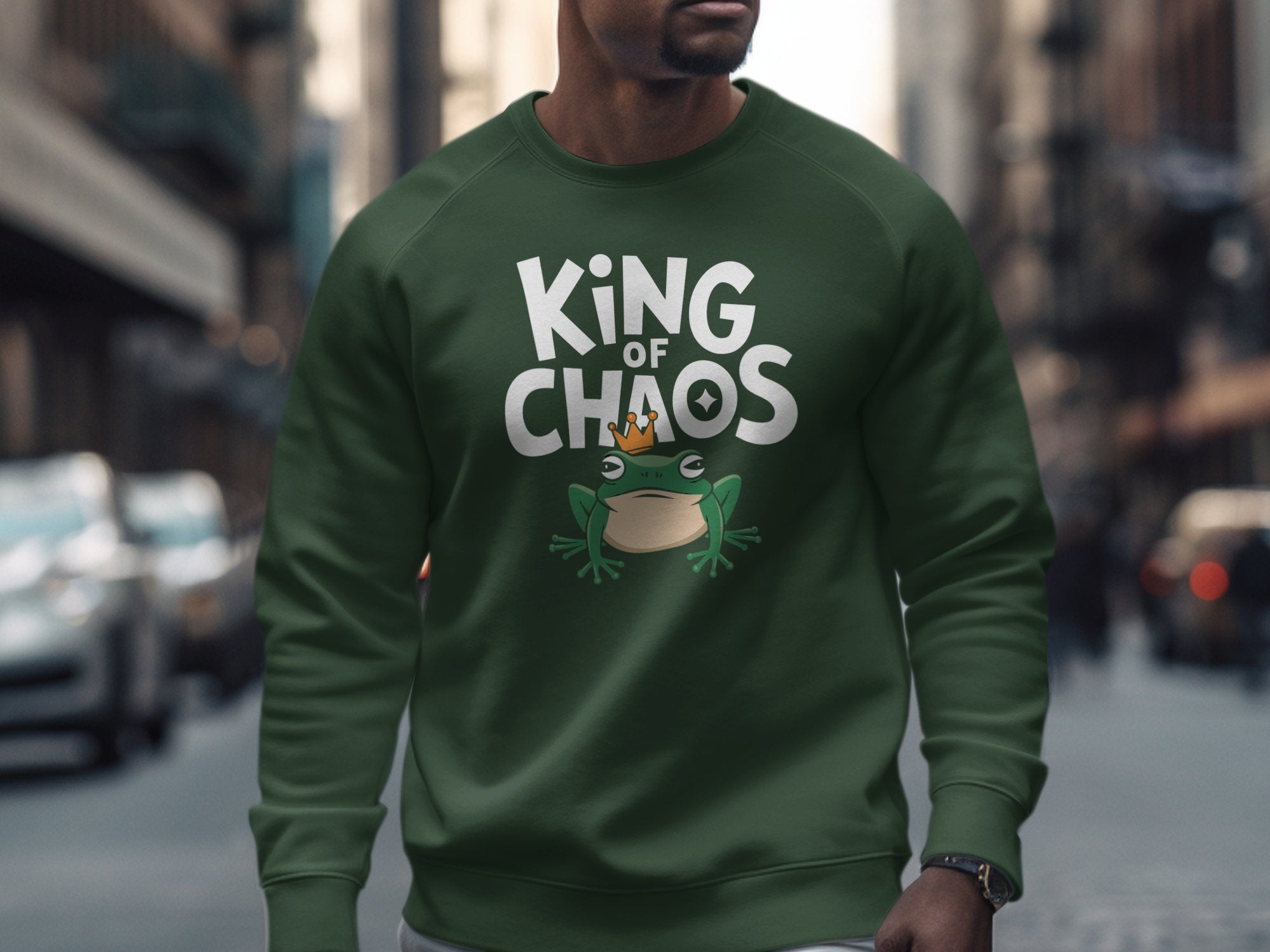 Green sweatshirt with "King of Chaos" text and a frog wearing a crown.