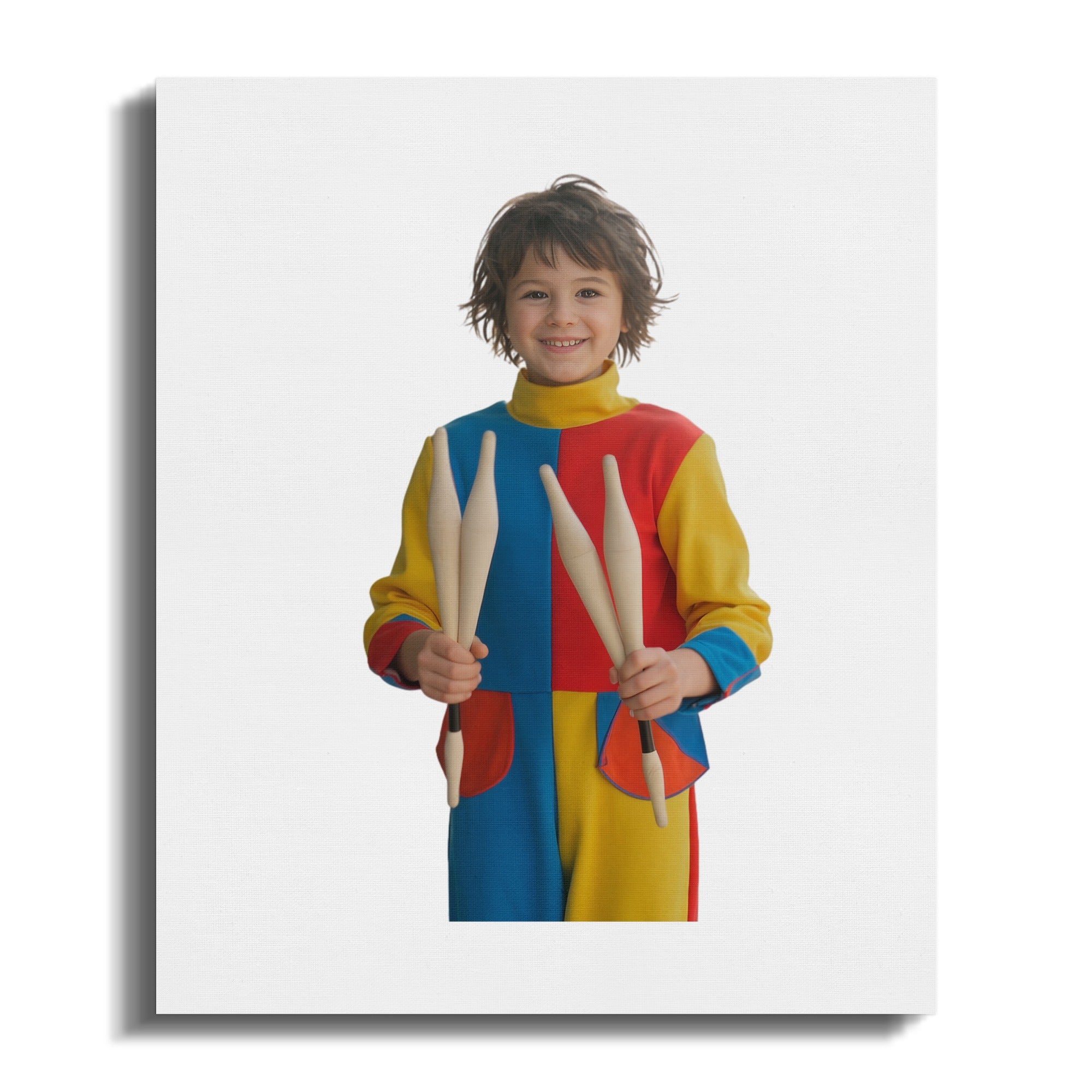 Smiling boy in colorful jumpsuit holds juggling pins.