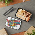 Lunchbox with superhero graphic and sandwiches, cheese, pistachios, and tangerines.
