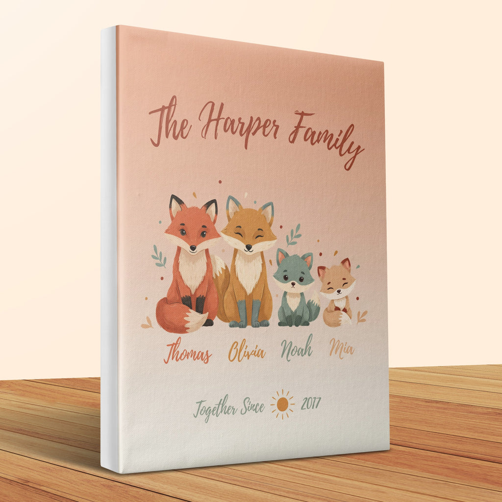 Personalized canvas with cartoon foxes and family names: Thomas, Olivia, Noah, Mia.