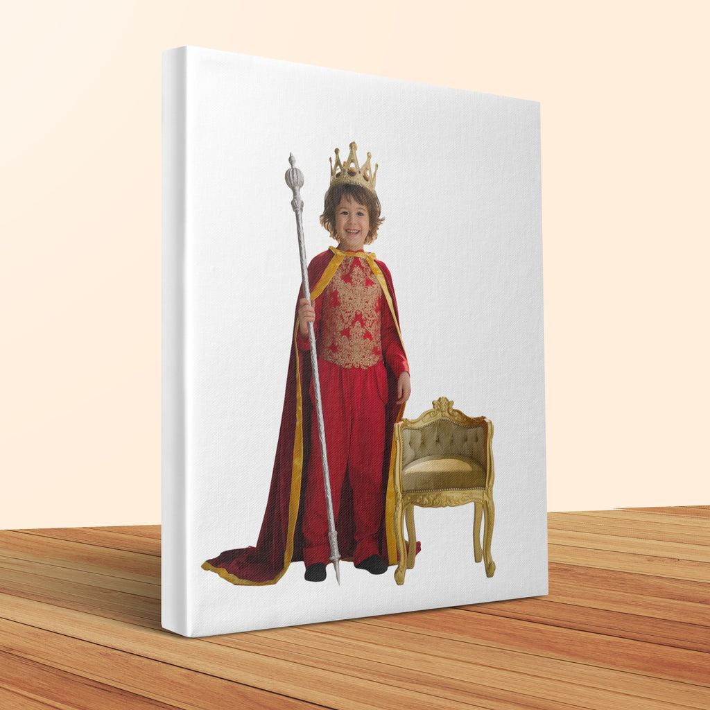Boy in king costume with crown and scepter stands by ornate chair.