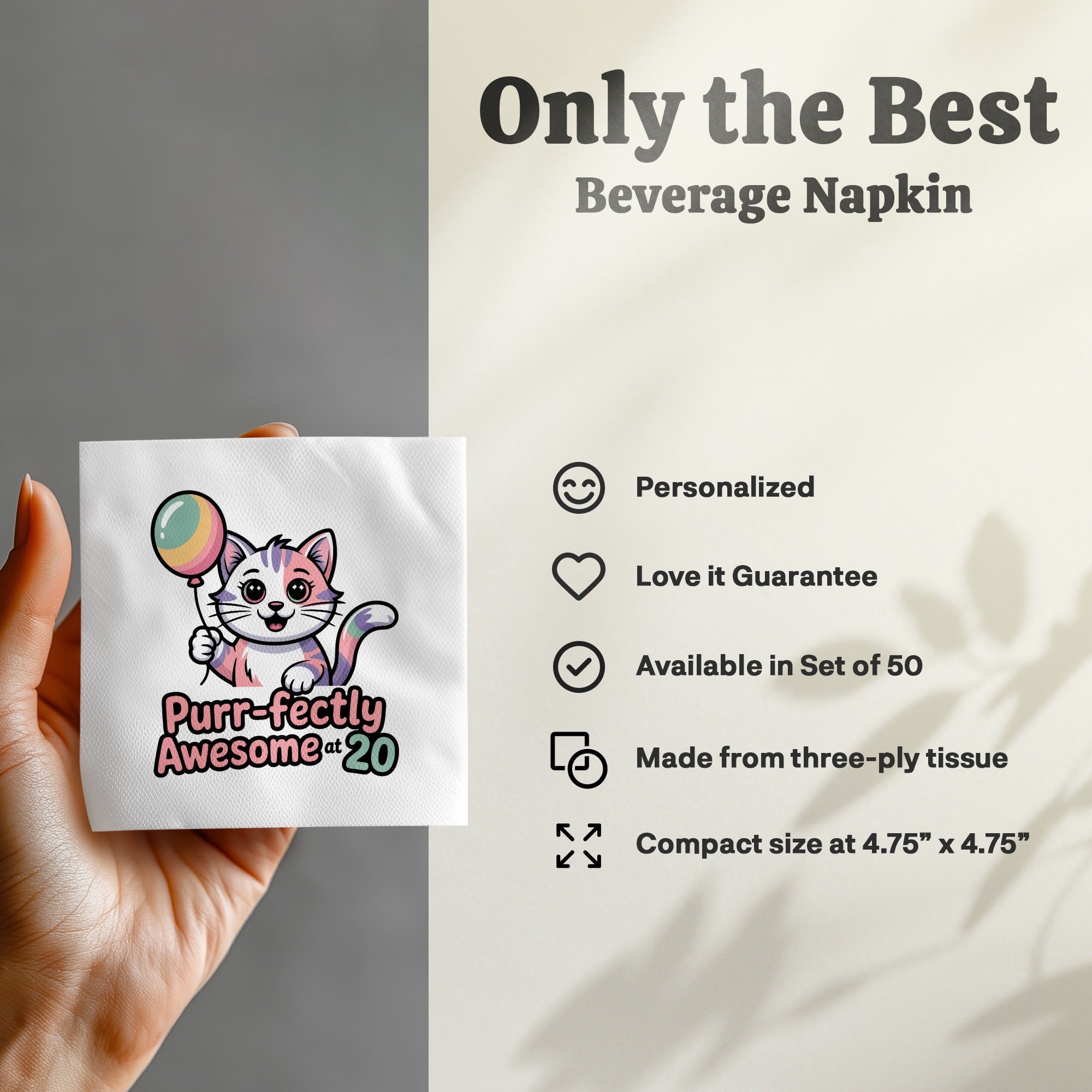 Beverage napkin with "Purr-fectly Awesome 20" and a cartoon cat.