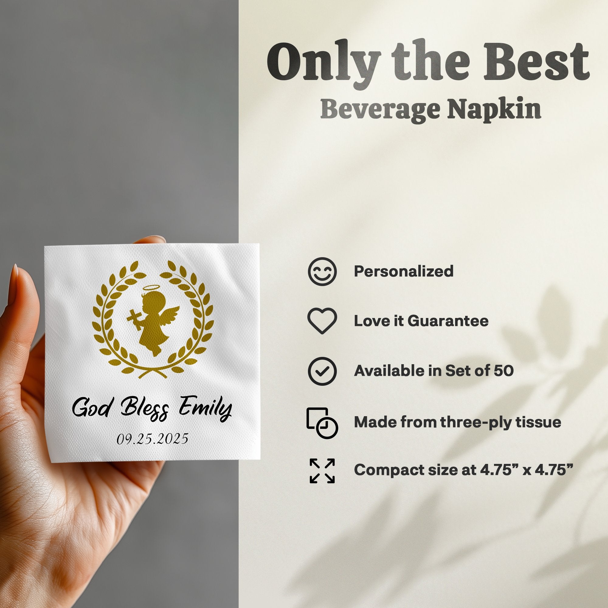 Beverage napkin with "God Bless Emily" and a date, personalized.