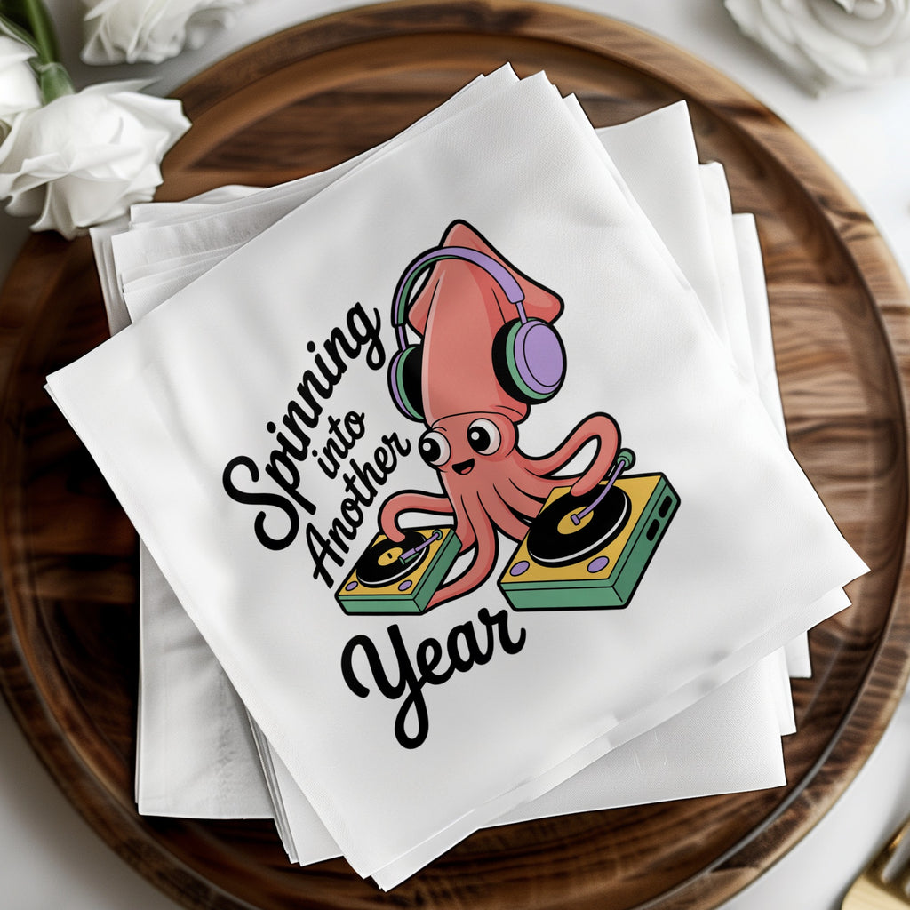Squid with headphones and turntables, "Spinning Into Another Year".