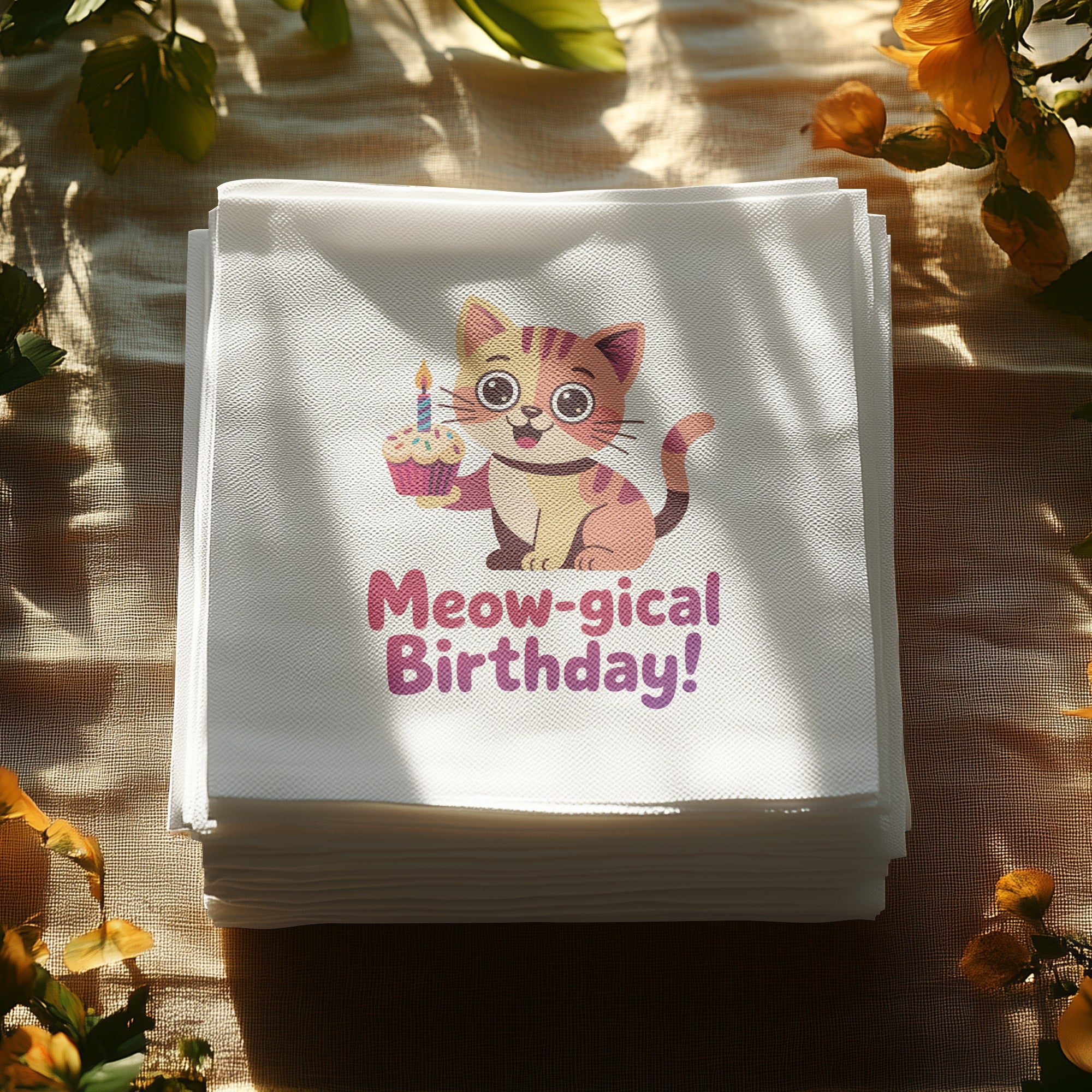 Stack of napkins with a cat holding a cupcake and "Meow-gical Birthday!" text.