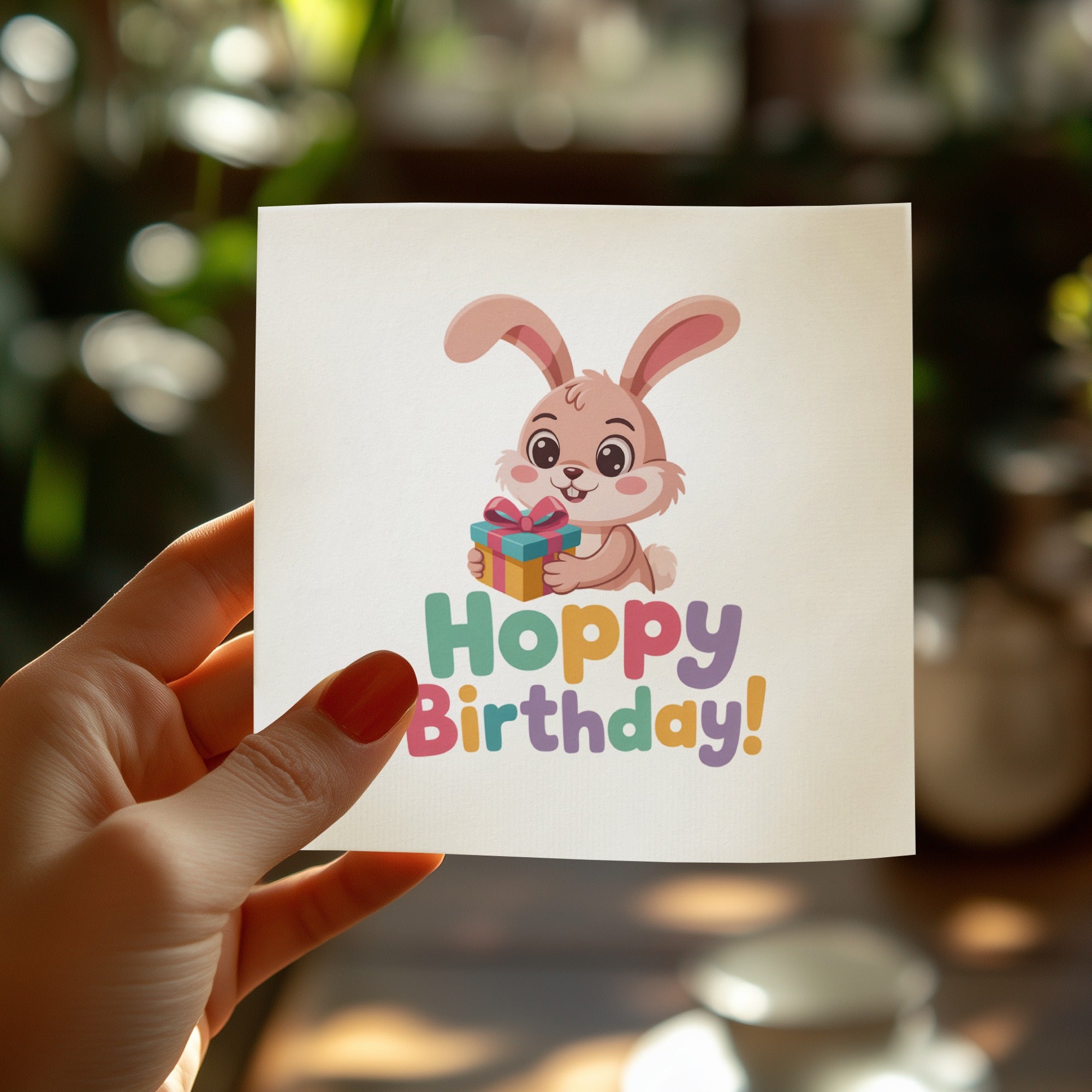 Card with cartoon bunny holding gift and "Hoppy Birthday!" text.
