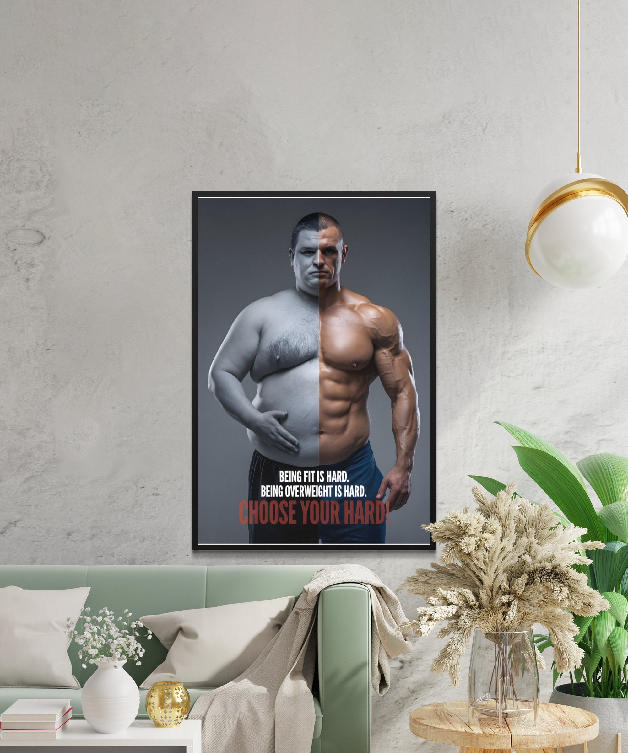 Before and after comparison of a man's physique, with motivational text.