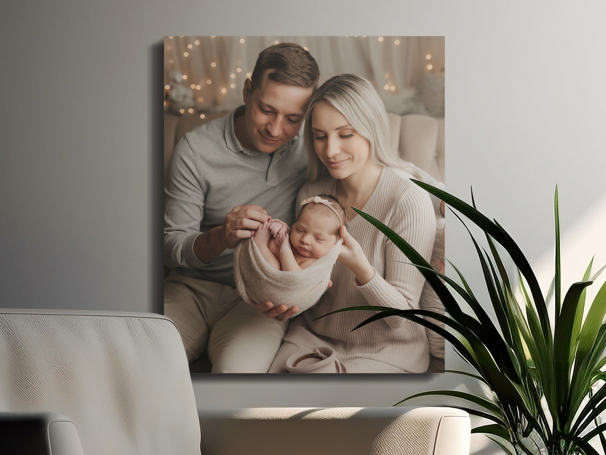 Parents cradle newborn baby in a soft blanket.
