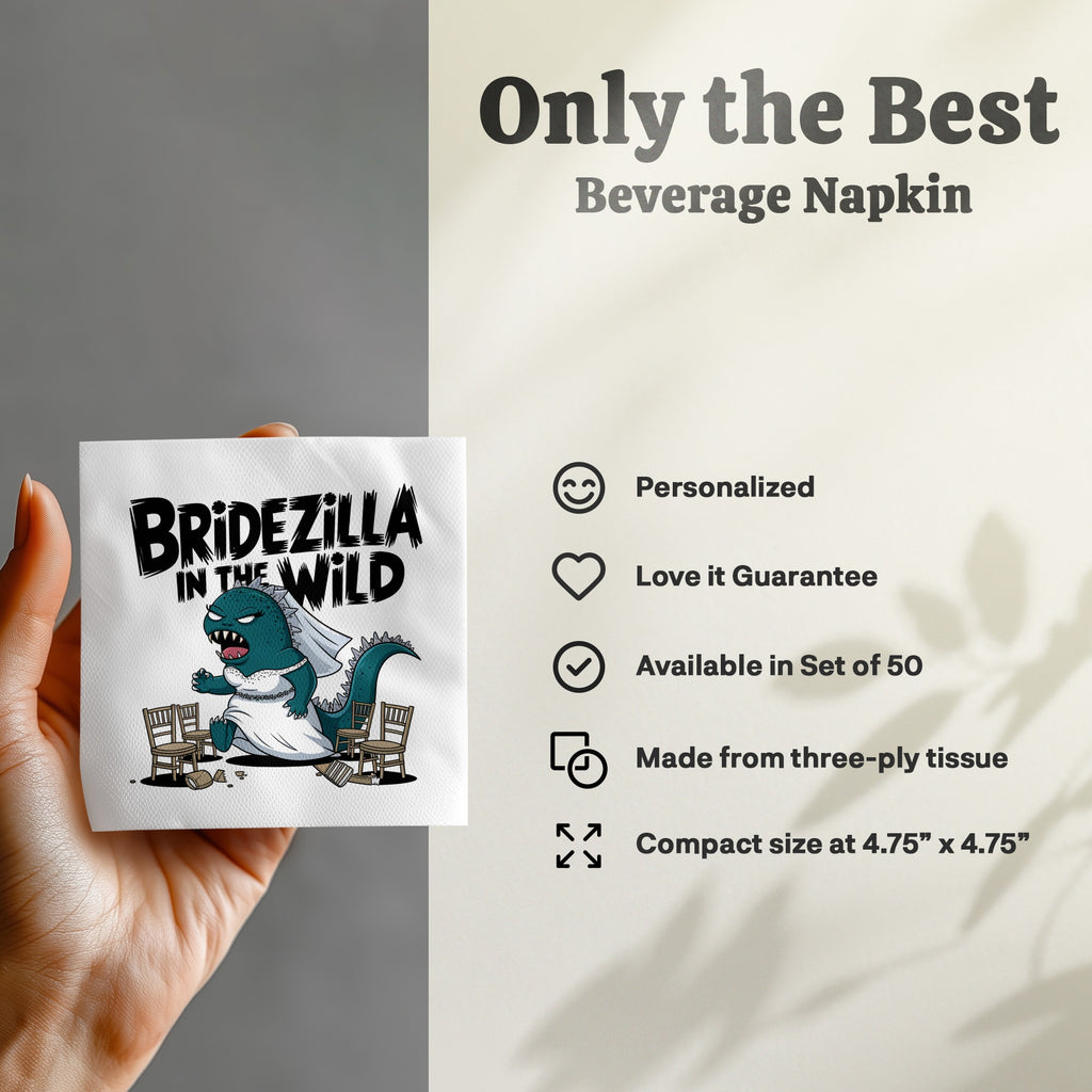 Beverage napkin with Bridezilla illustration and text, "Only the Best" and "Beverage Napkin."