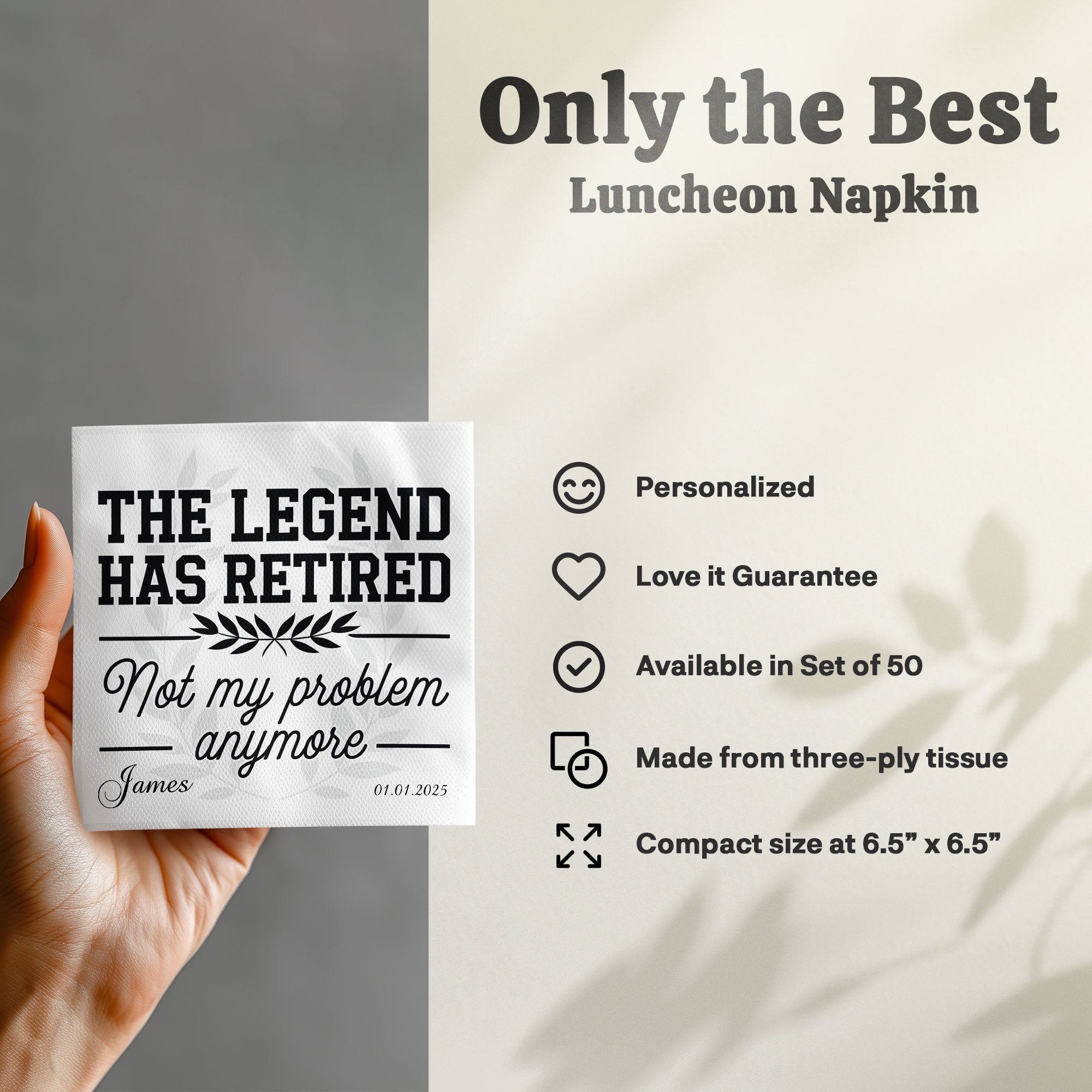 Napkin reads "The Legend Has Retired. Not my problem anymore. James 01.01.2025."