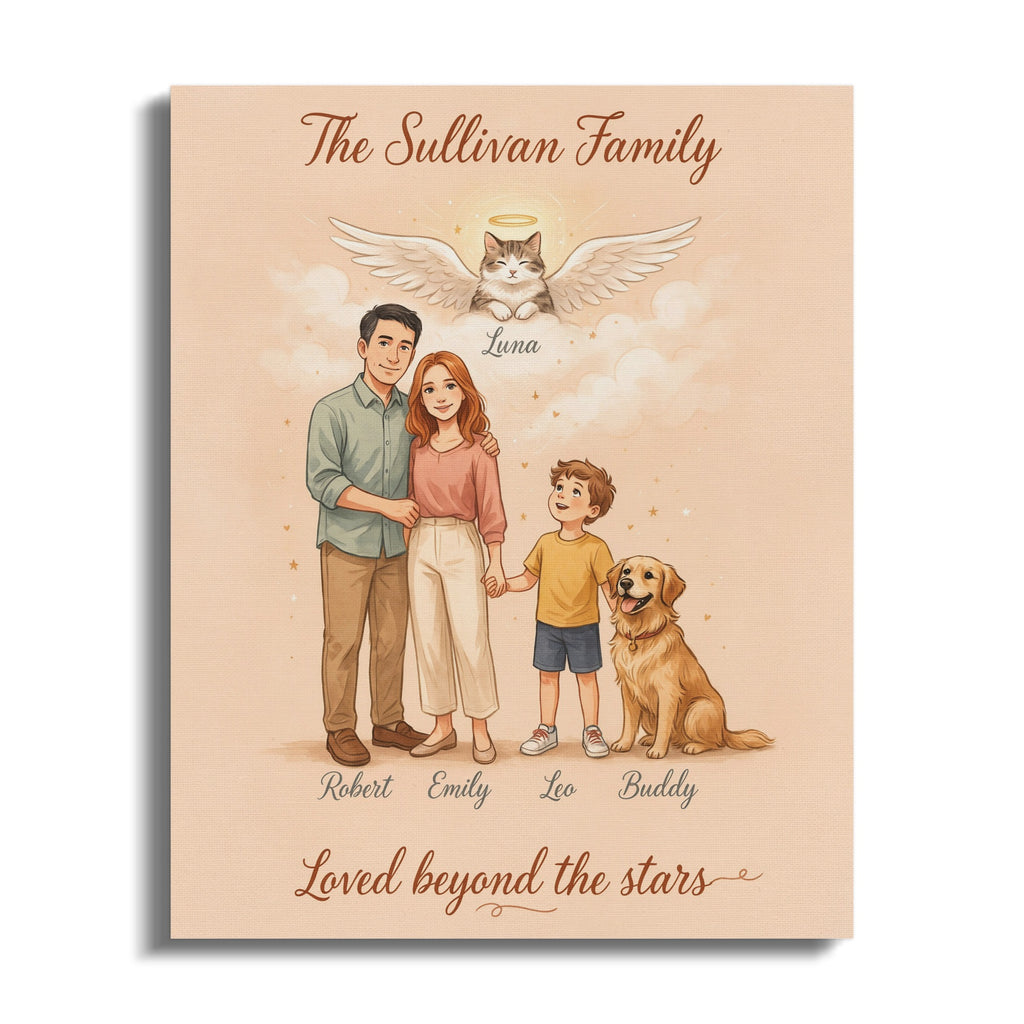 The Sullivan Family artwork features a family of three, a dog, and a cat in heaven.