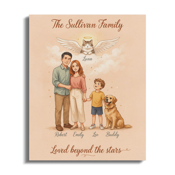 The Sullivan Family artwork features a family of three, a dog, and a cat in heaven.