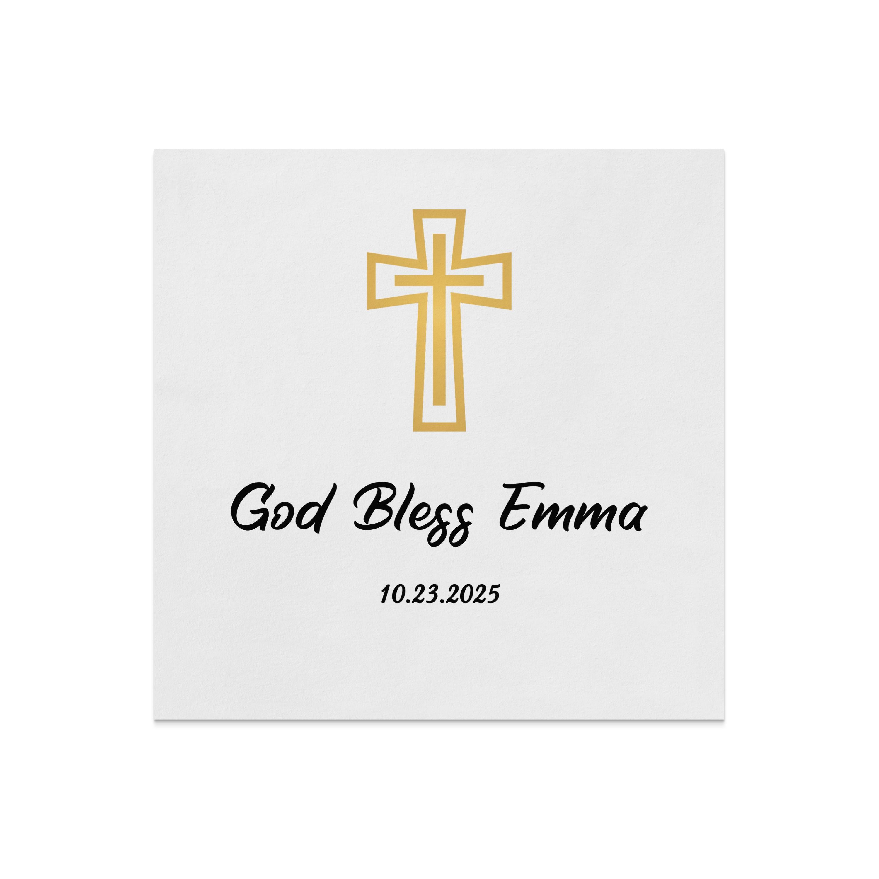 Gold cross above "God Bless Emma" and date "10.23.2025".