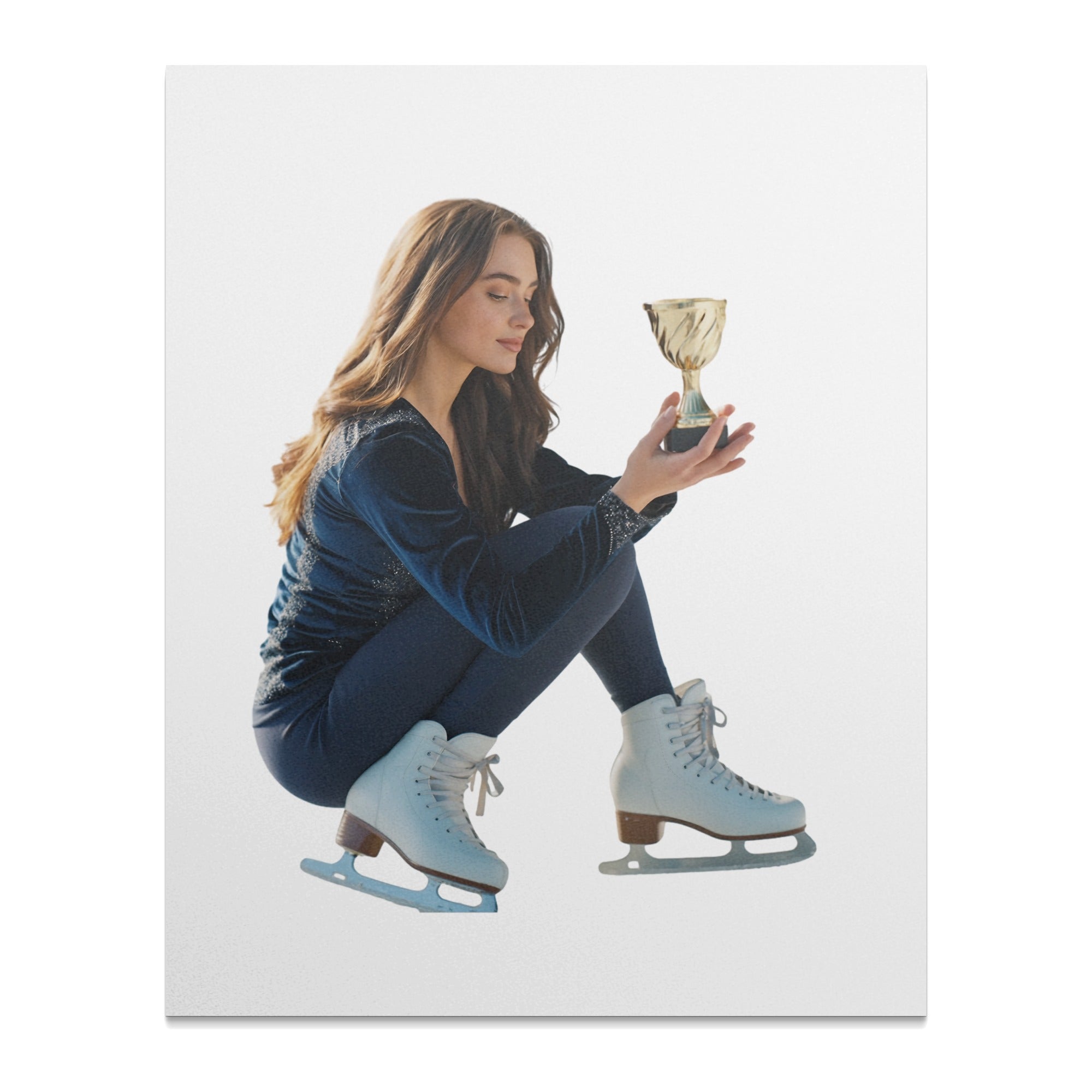Young woman in ice skates holding a golden trophy.