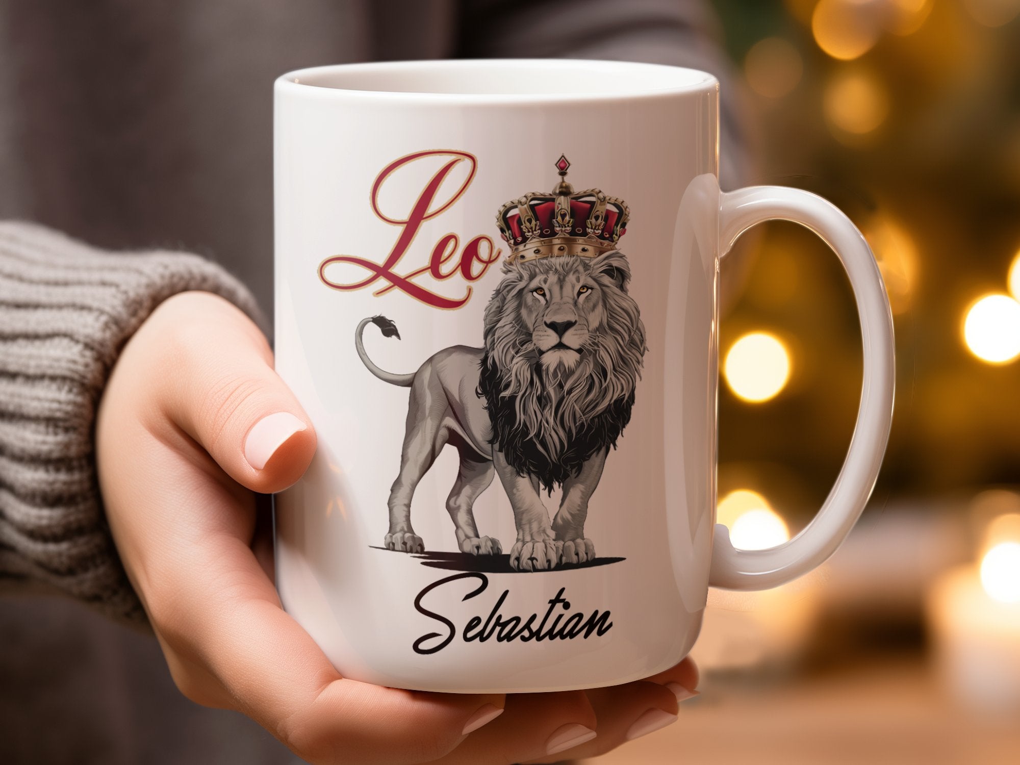 Mug with Leo the lion wearing a crown and text "Leo Sebastian".