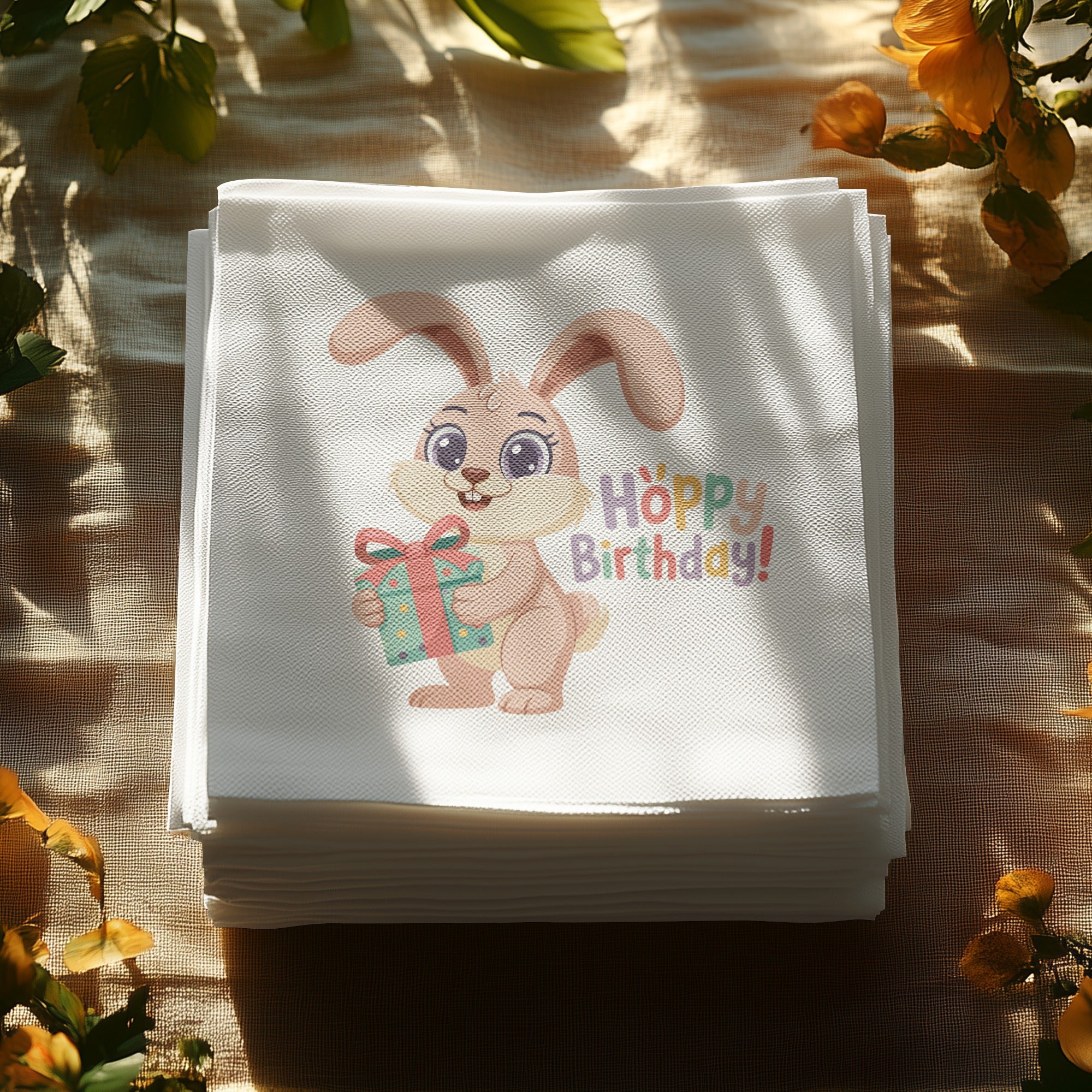 Stack of white napkins with a cartoon bunny holding a gift and "Hoppy Birthday!" text.