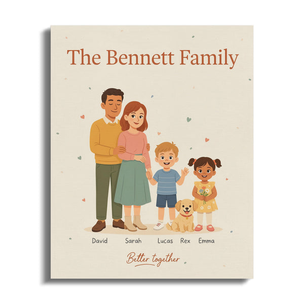 The Bennett Family portrait with names, including David, Sarah, Lucas, Rex, and Emma.