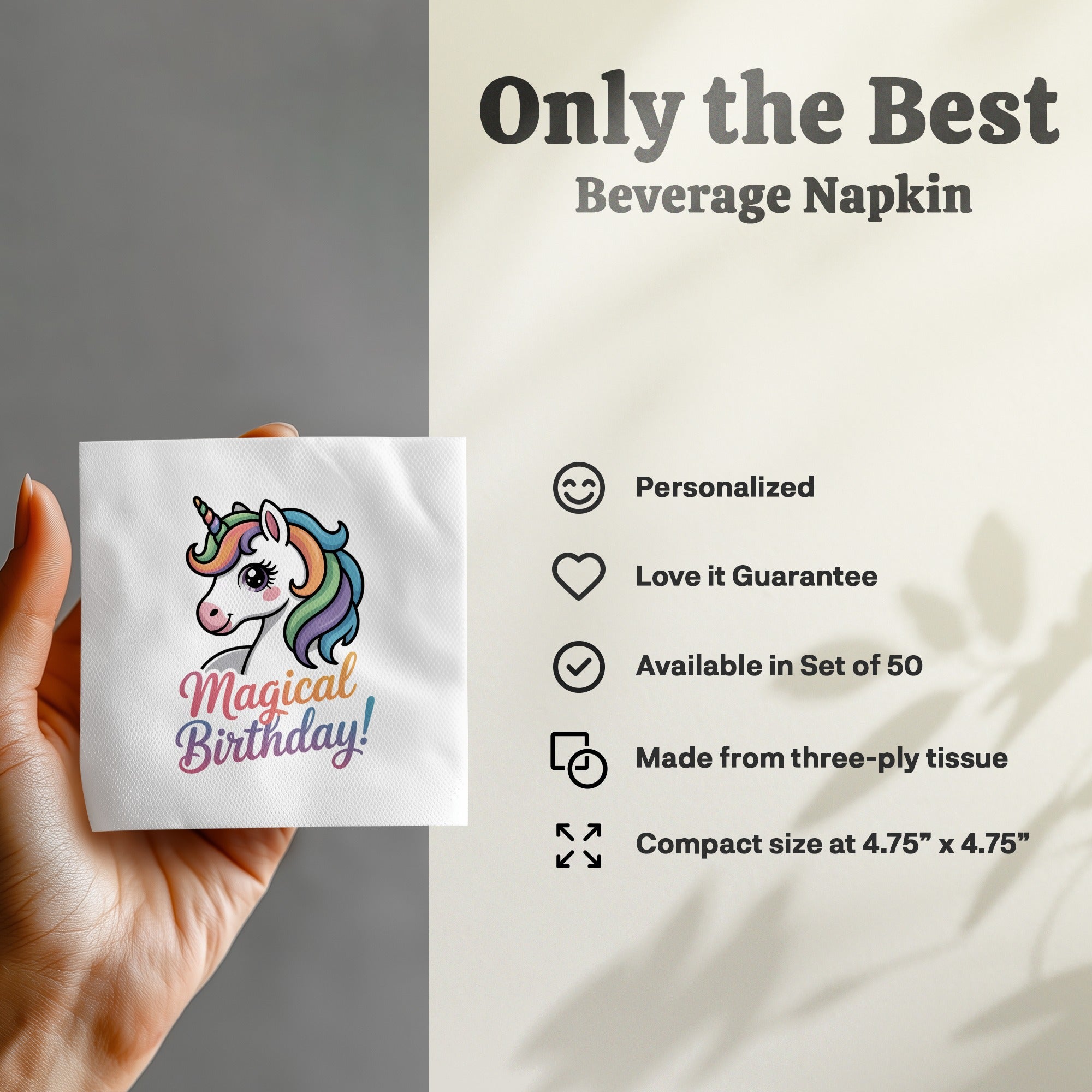 Beverage napkin featuring a unicorn with "Magical Birthday!" text.