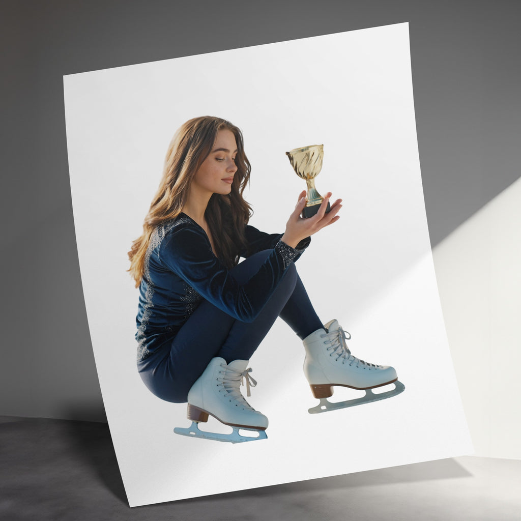 Young woman in ice skates holding a gold trophy while sitting.