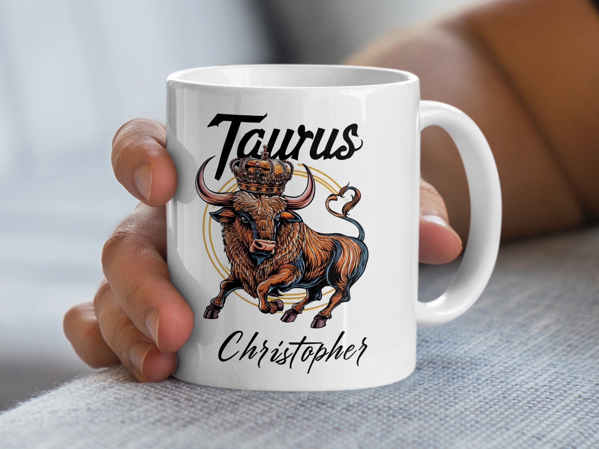 Mug with Taurus bull logo and "Christopher" text.