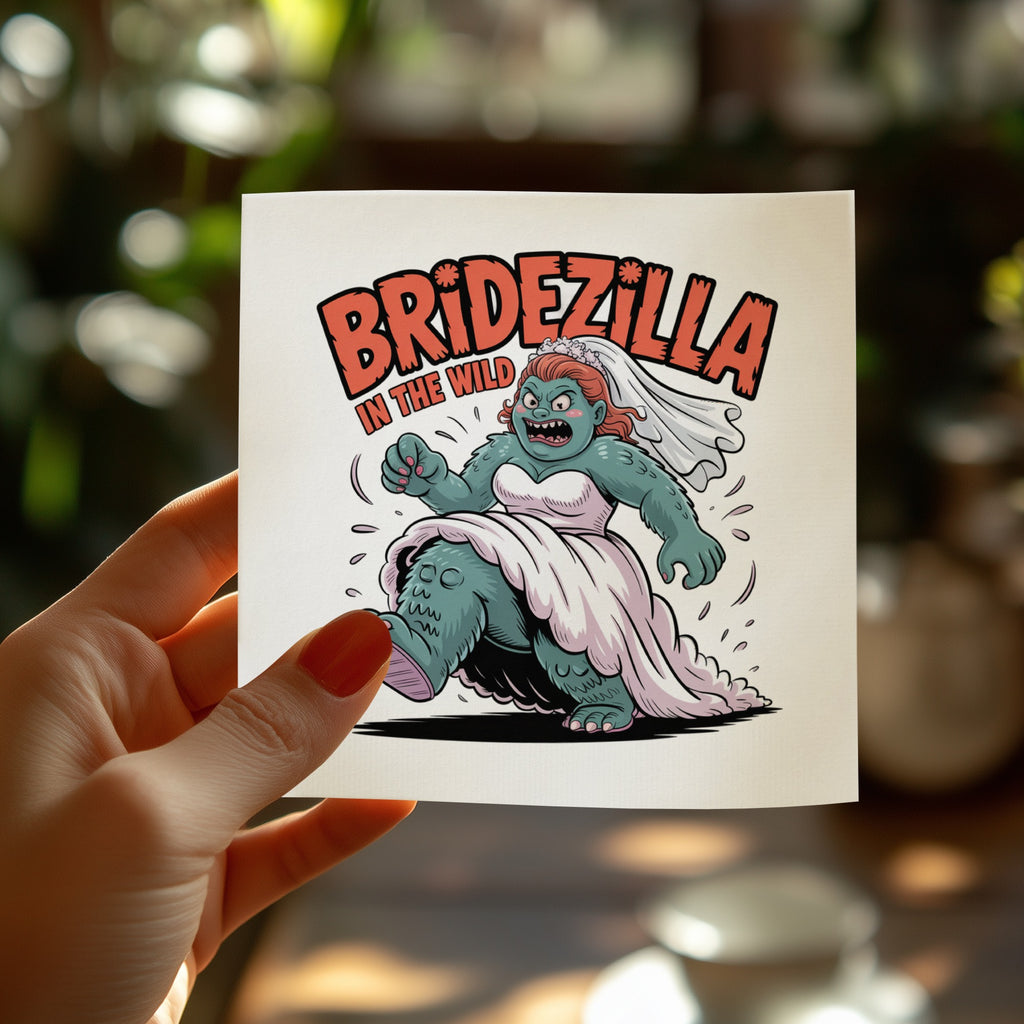 Bridezilla monster in wedding dress, text reads "BRIDEZILLA IN THE WILD".