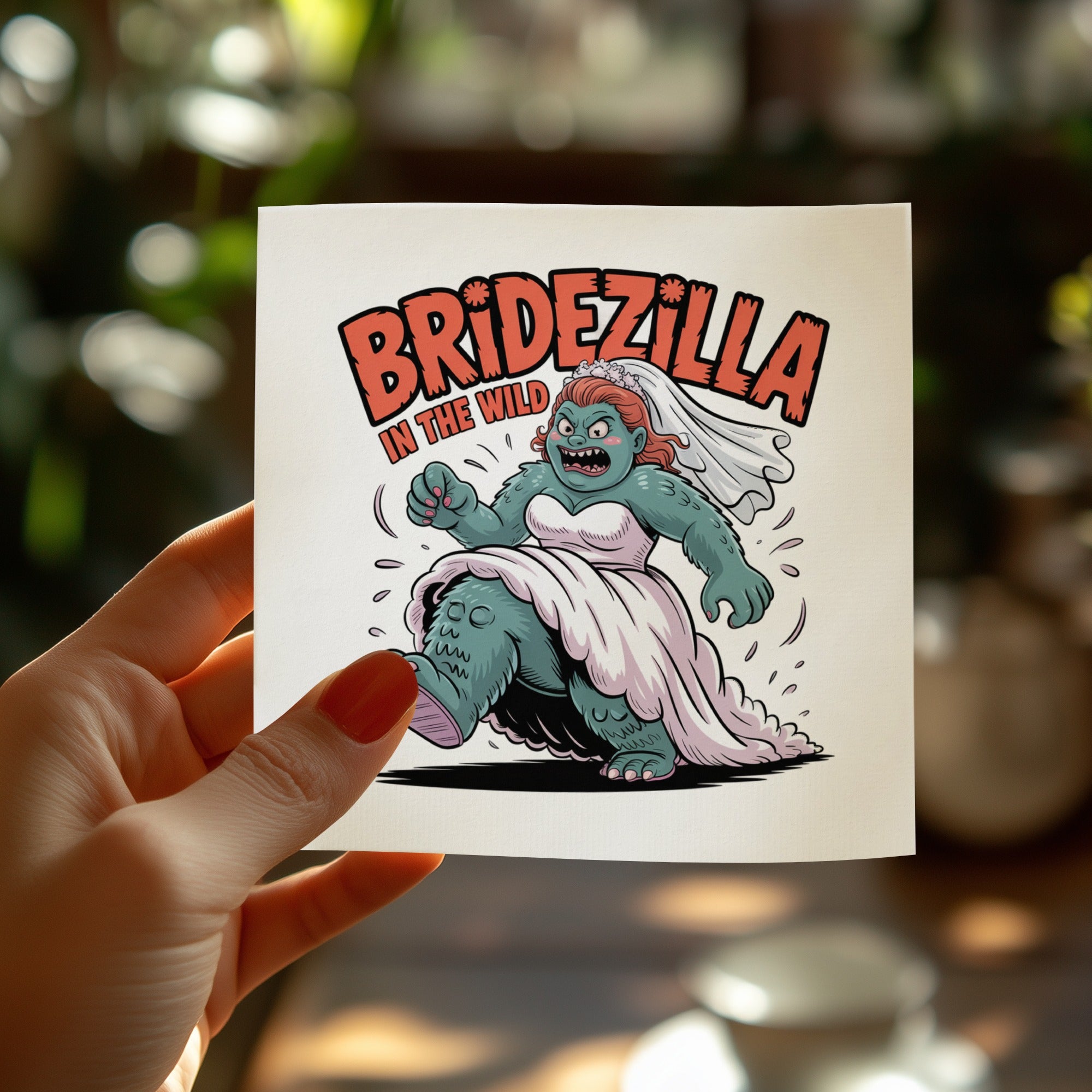 Bridezilla monster in wedding dress, text reads "BRIDEZILLA IN THE WILD".