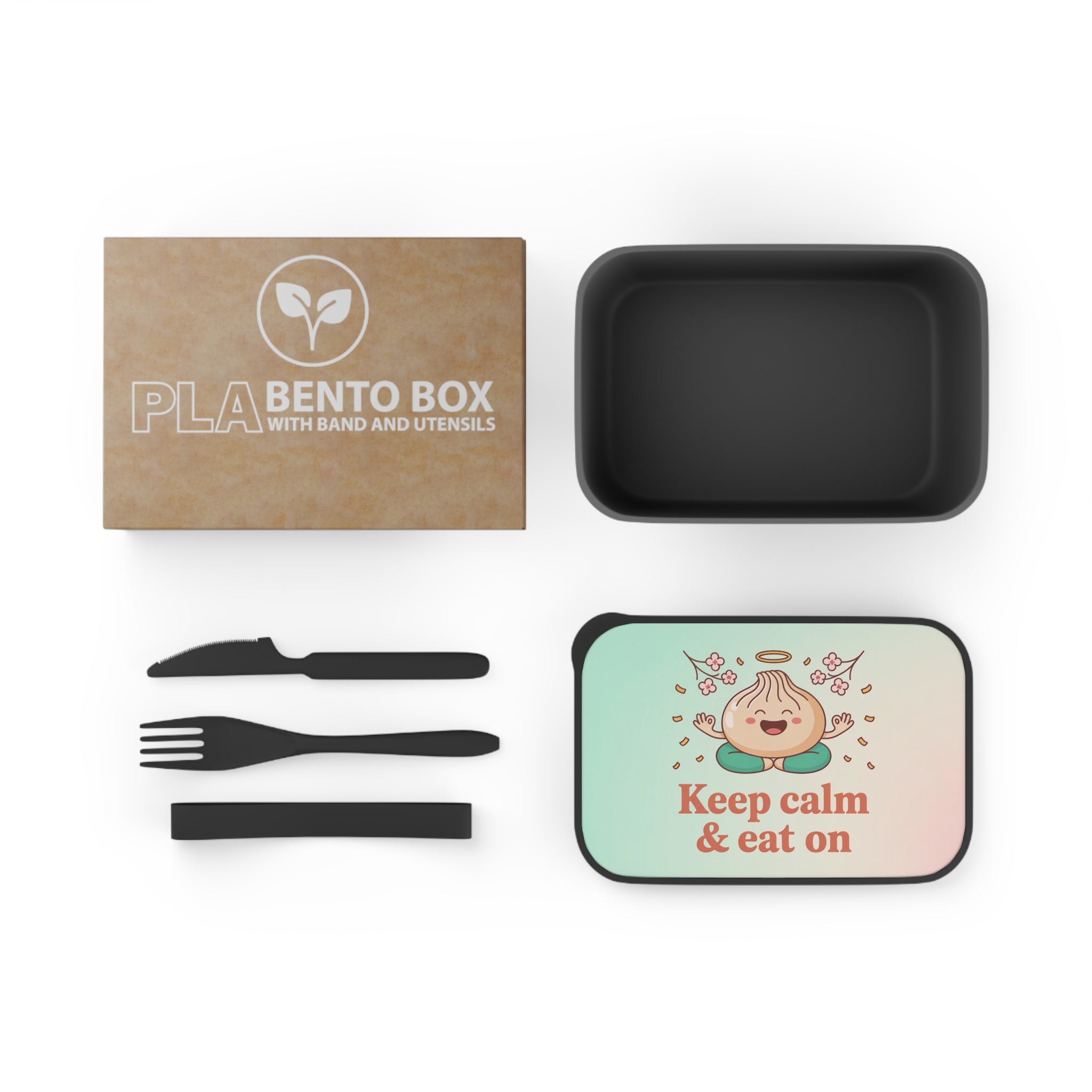 PLA bento box with utensils and humorous "Keep calm & eat on" graphic.