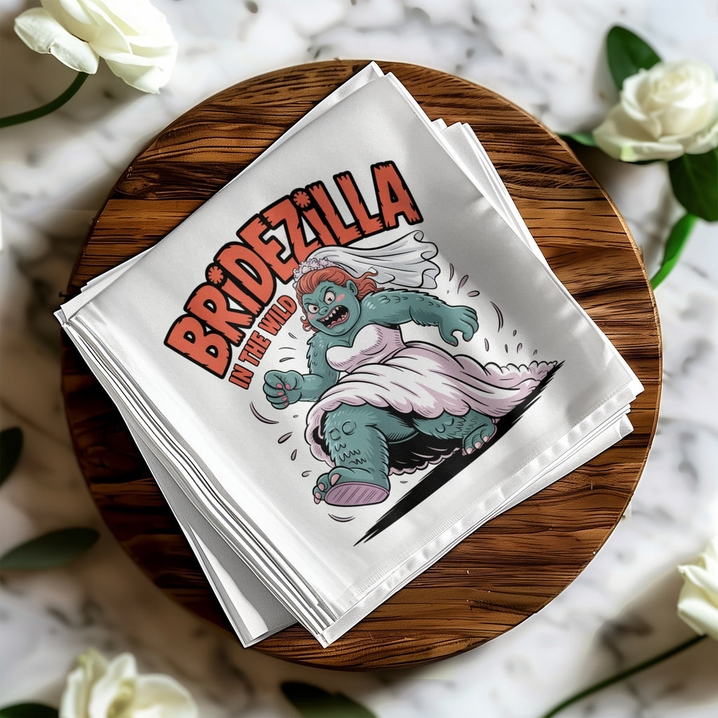 Bridezilla in the Wild graphic on a folded white cloth napkin.