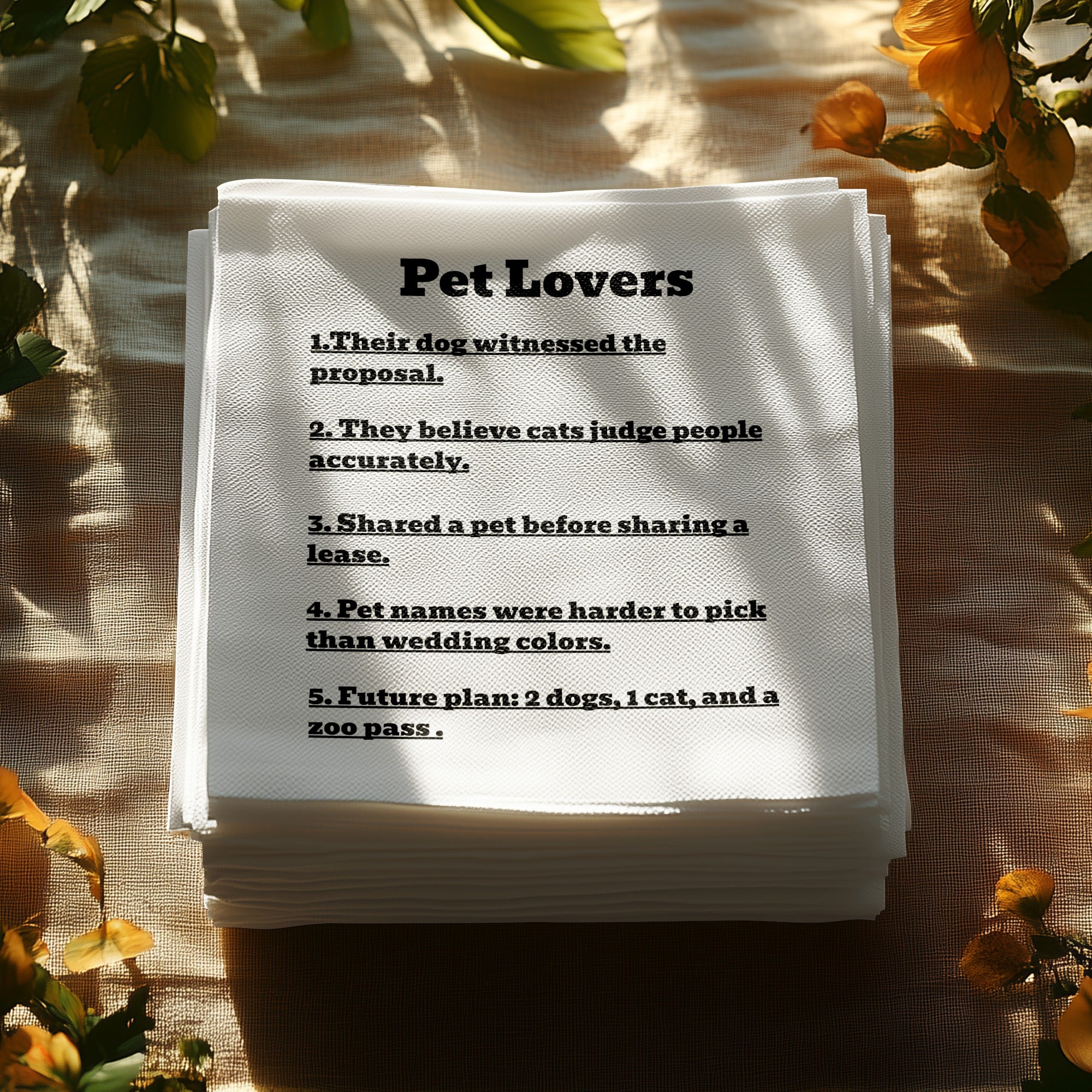 White napkins with "Pet Lovers" and five humorous statements about pet ownership.