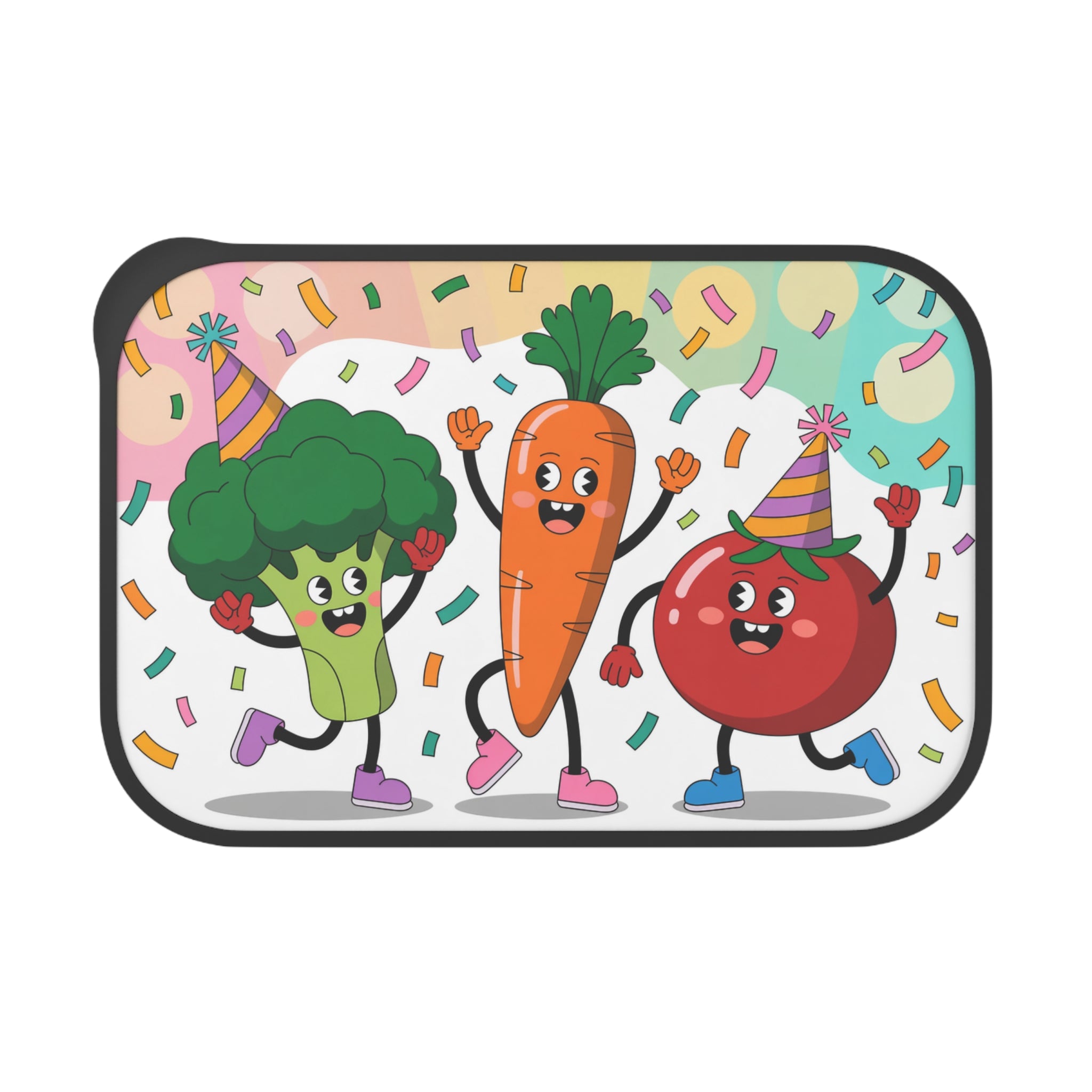Cartoon broccoli, carrot, and tomato characters celebrating with party hats and confetti.