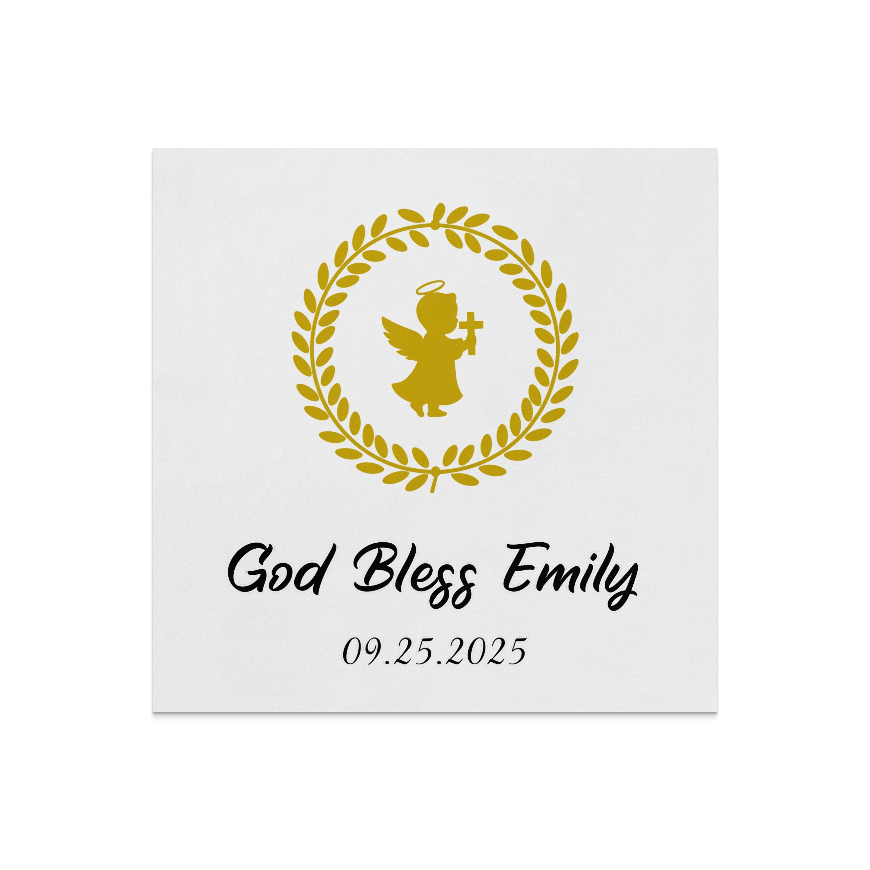 Gold angel in wreath above "God Bless Emily" and date 09.25.2025.