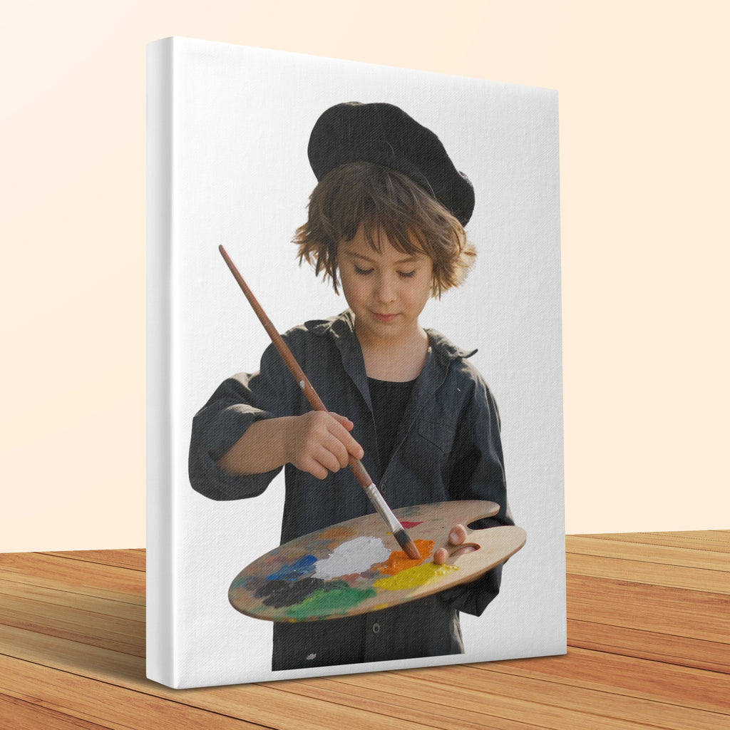 Young artist in beret holds palette and paintbrush with colorful paints.