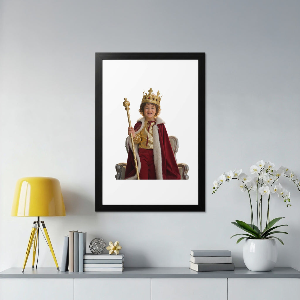 Child king in crown and robe sitting on throne holding scepter.