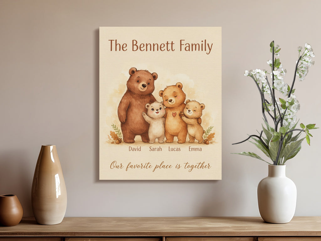 Custom canvas with watercolor bear family, titled "The Bennett Family" with names and quote.