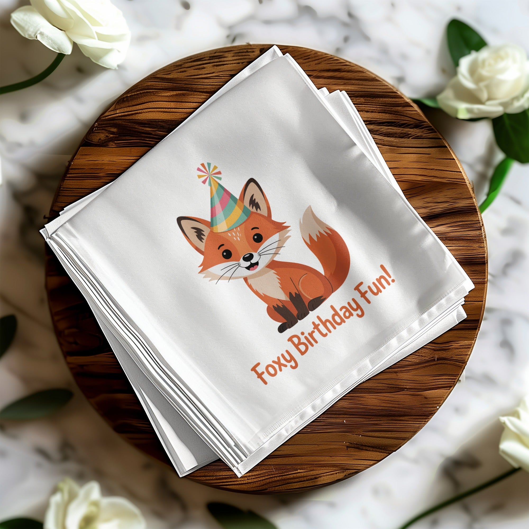 White napkin with a cartoon fox wearing a party hat and "Foxy Birthday Fun!" text.