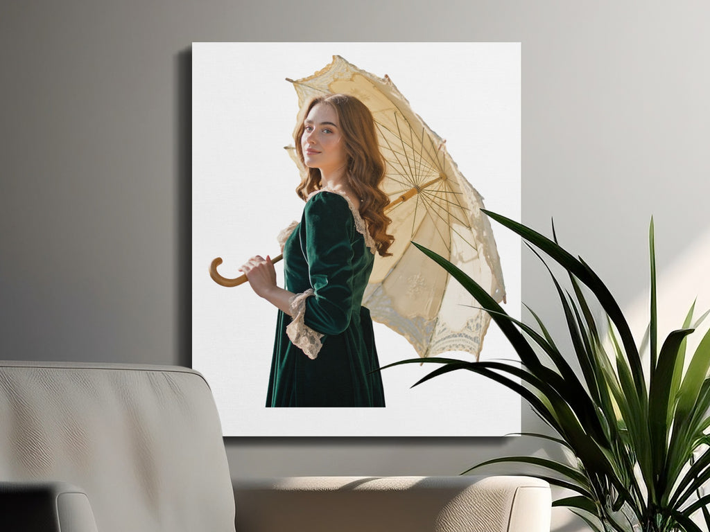 Woman in green velvet dress holding a lace parasol.