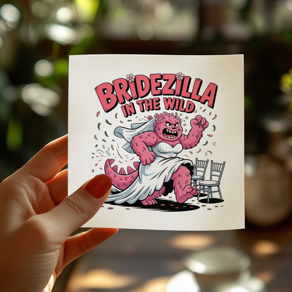 Cartoon bridezilla dinosaur in wedding dress with "Bridezilla in the Wild" text.
