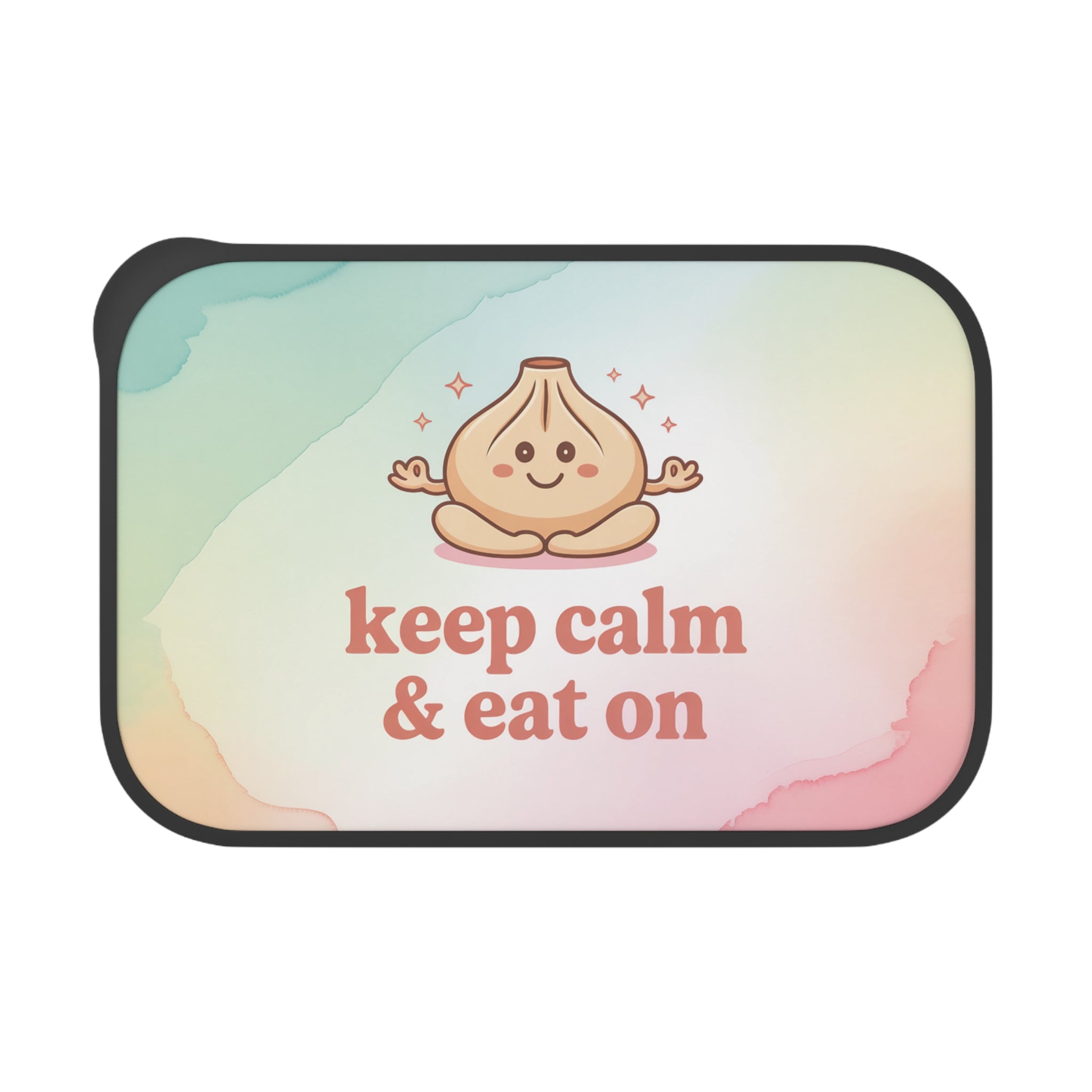 Cartoon dumpling meditating, with text "keep calm & eat on".