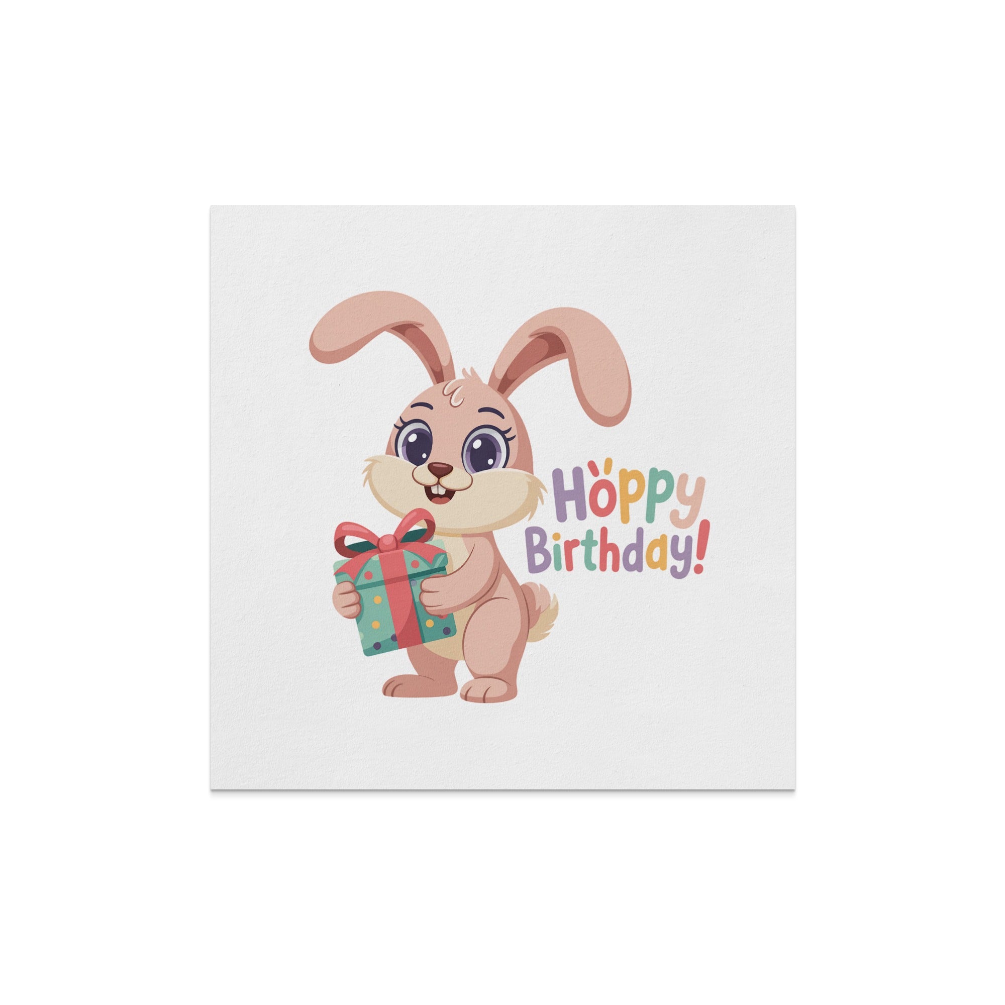 Cartoon bunny holding a wrapped gift with "Hoppy Birthday!" text.