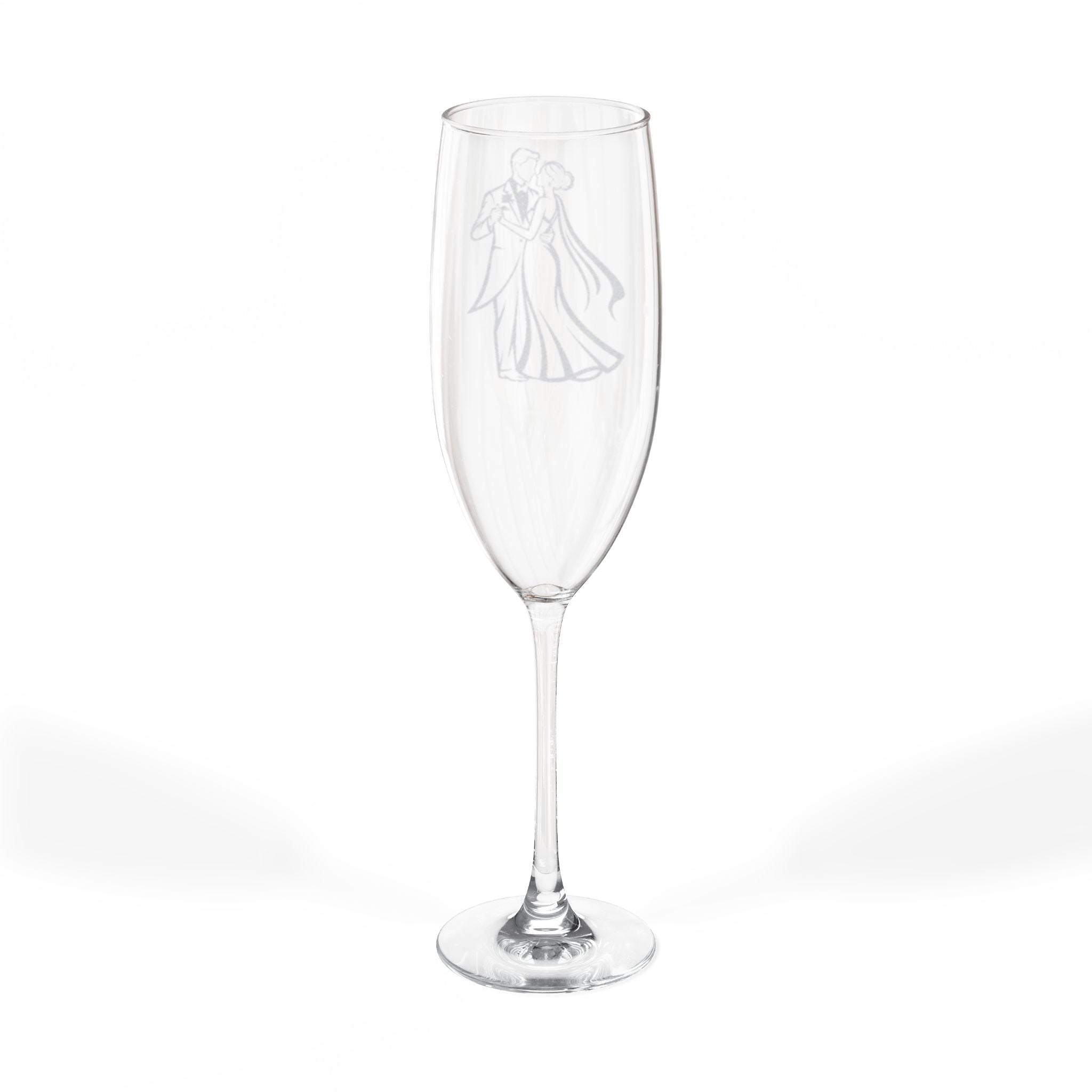 Clear champagne flute with etched dancing couple silhouette.