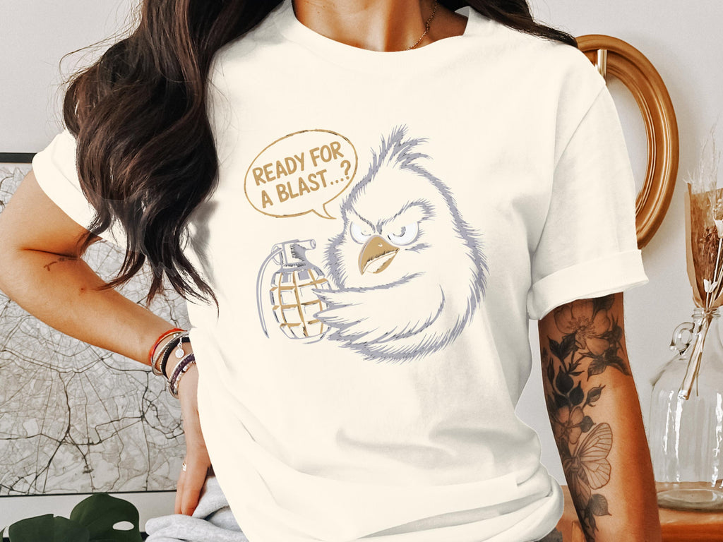 T-shirt graphic of a determined cartoon owl holding a grenade with text "READY FOR A BLAST...?"