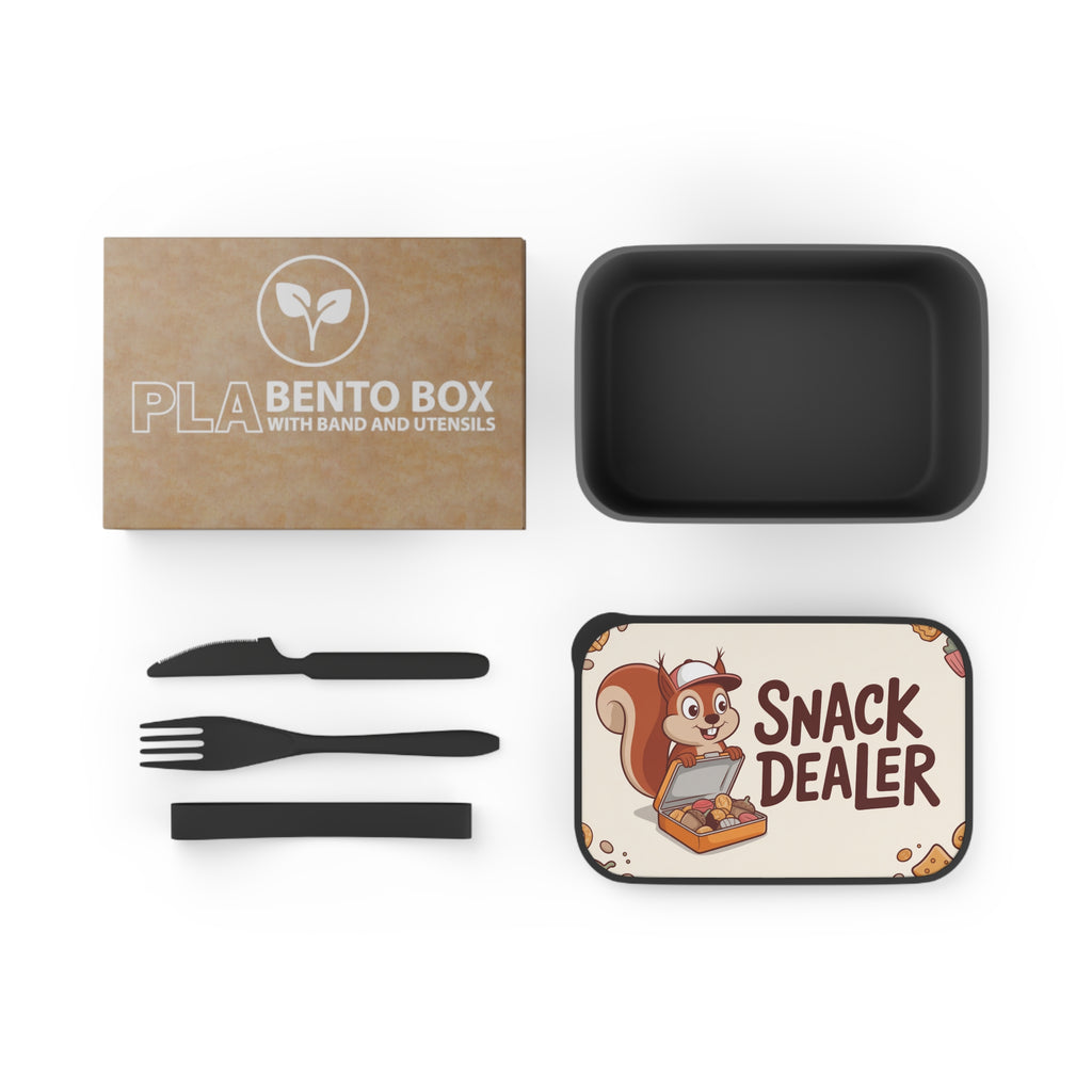 PLA Bento Box with band and utensils, featuring a squirrel with a snack vendor hat.