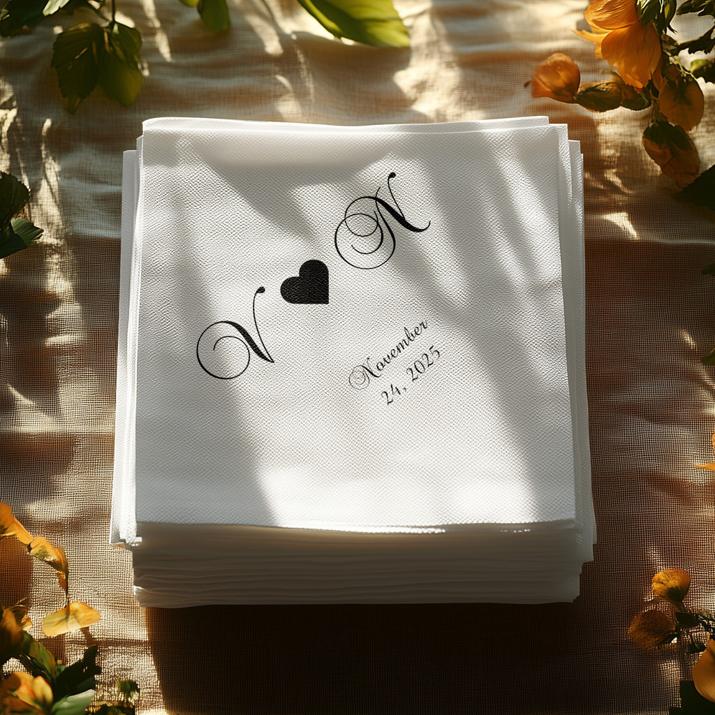 Stack of white napkins with "N & N" and "November 24, 2025" printed.