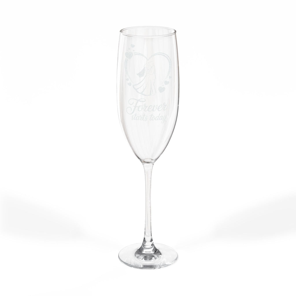 Champagne flute with "Forever starts today" text and couple etching.